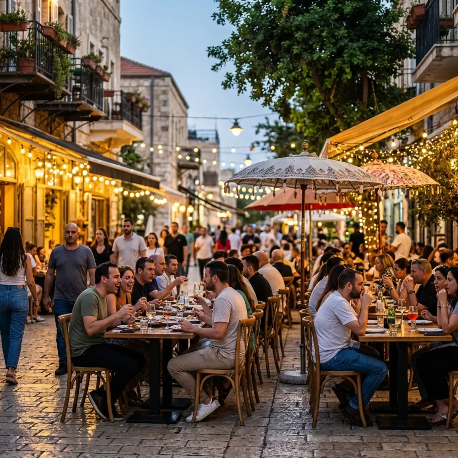 צילום פוטו-ריאליסטי של רחוב מסחרי שוקק חיים בנווה פריצקי בשעות הערב, מסעדות מוארות בתאורה חמה, אנשים יושבים בשולחנות בחוץ תחת שמשיות, עומק שדה המדגיש את האווירה התוססת