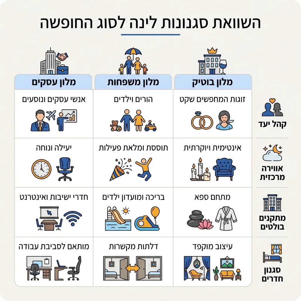 אינפוגרפיקה — השוואת סגנונות לינה לסוג החופשה: השוואה בין מלון בוטיק, מלון משפחות, מלון עסקים