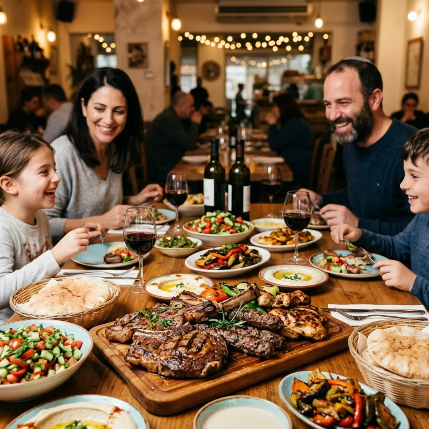 צילום תקריב של שולחן במסעדה עמוס במנות בשר עסיסיות, סלטים טריים וכוסות יין, משפחה מחייכת יושבת סביב השולחן, תאורה חמימה המדגישה את האוכל, פוקוס חד על המנה המרכזית