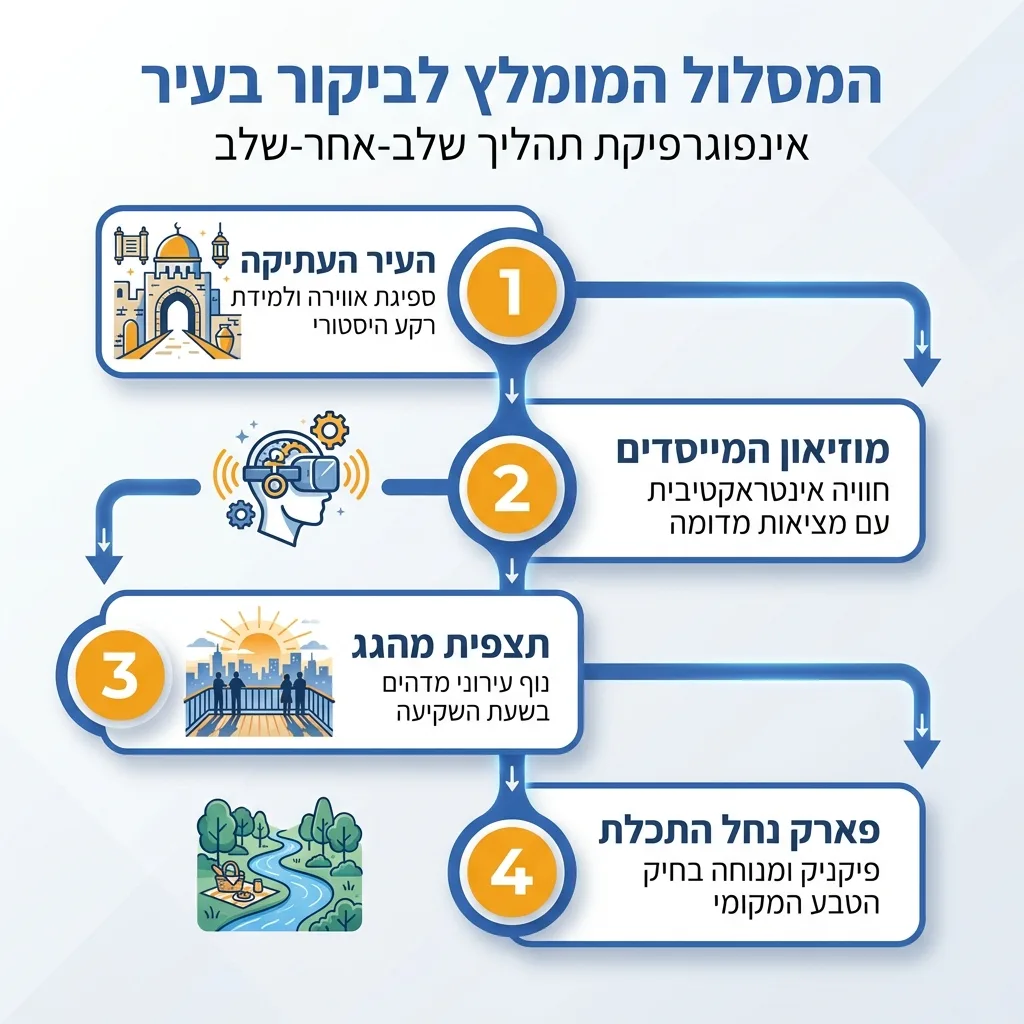 אינפוגרפיקה — המסלול המומלץ לביקור בעיר: העיר העתיקה, מוזיאון המייסדים, תצפית מהגג, פארק נחל התכלת