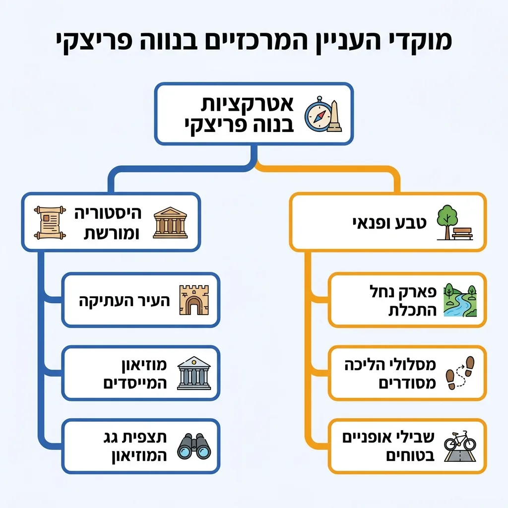 אינפוגרפיקה — מוקדי העניין המרכזיים בנווה פריצקי: אטרקציות בנווה פריצקי