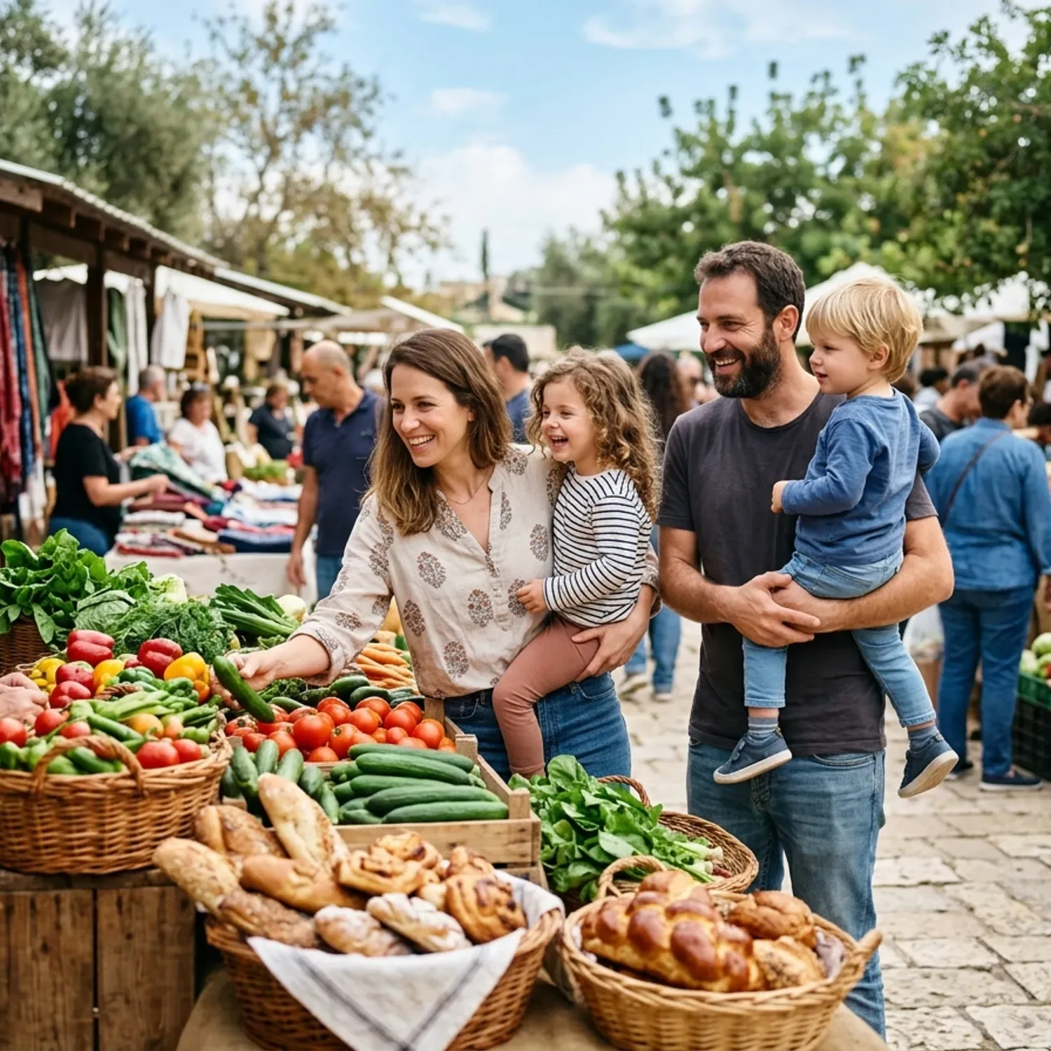 צילום של משפחה מחייכת קונה ירקות טריים ודברי מאפה בשוק איכרים פתוח באור יום מלא, צבעים חיים, אווירה קהילתית שמחה ובטוחה