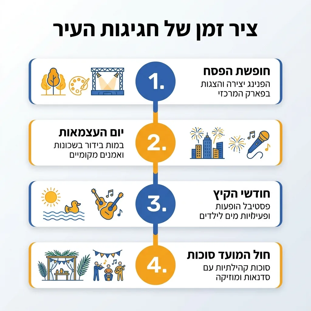 אינפוגרפיקה — ציר זמן של חגיגות העיר: חופשת הפסח, יום העצמאות, חודשי הקיץ, חול המועד סוכות