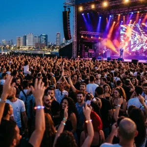 תמונה מאירוע ערב רב-משתתפים בעיר עם במת הופעות מוארת וקהל שמח