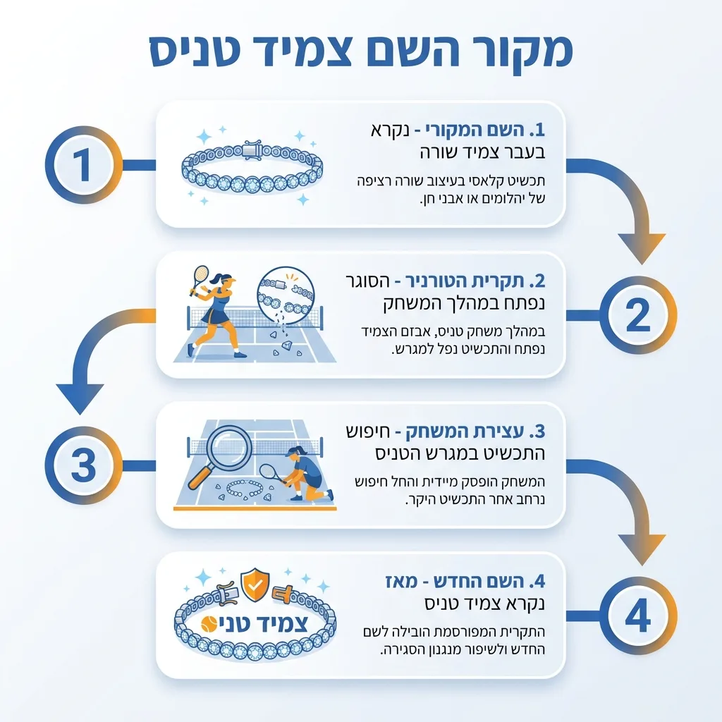 אינפוגרפיקה — מקור השם צמיד טניס: השם המקורי, תקרית הטורניר, עצירת המשחק, השם החדש