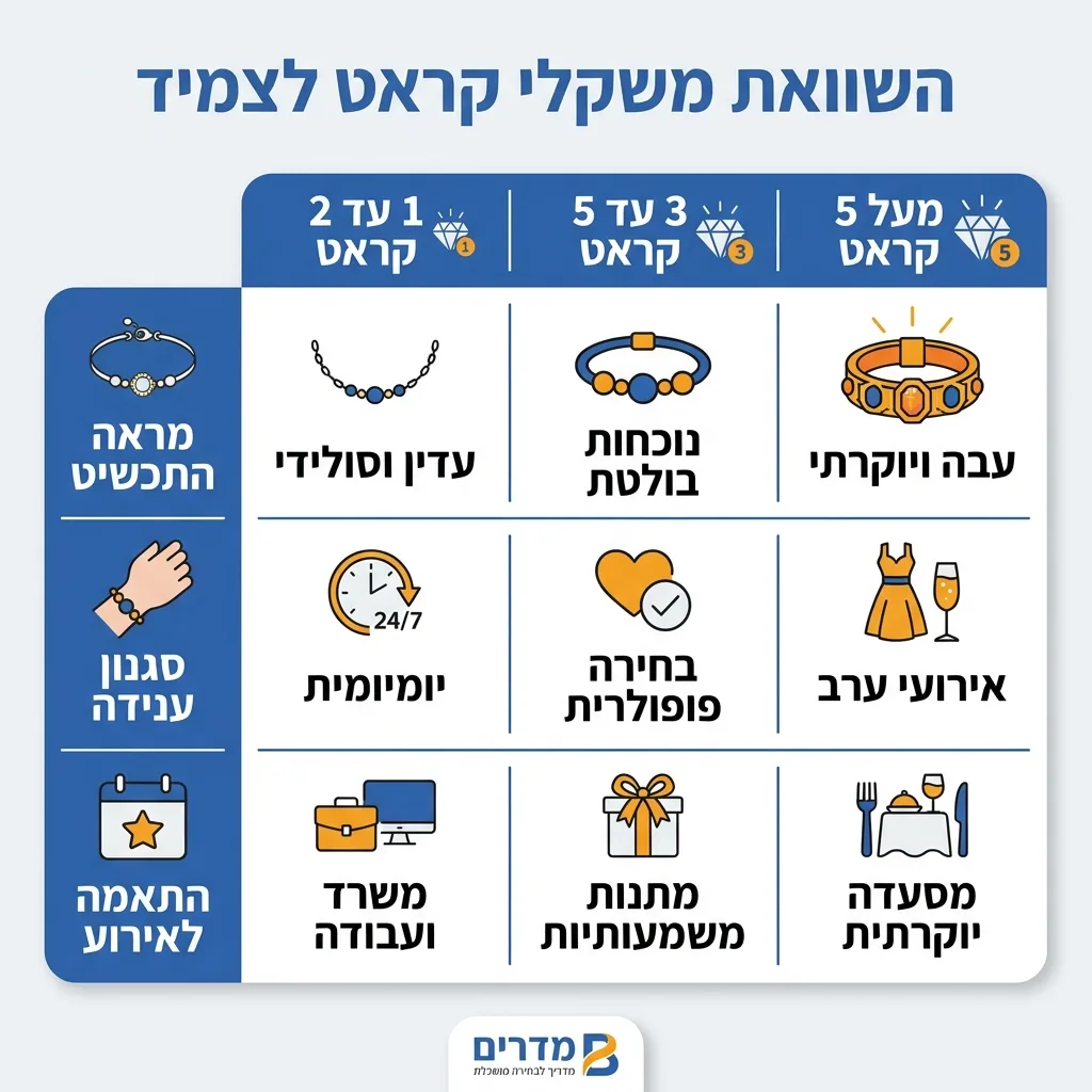 אינפוגרפיקה — השוואת משקלי קראט לצמיד: השוואה בין 1 עד 2 קראט, 3 עד 5 קראט, מעל 5 קראט
