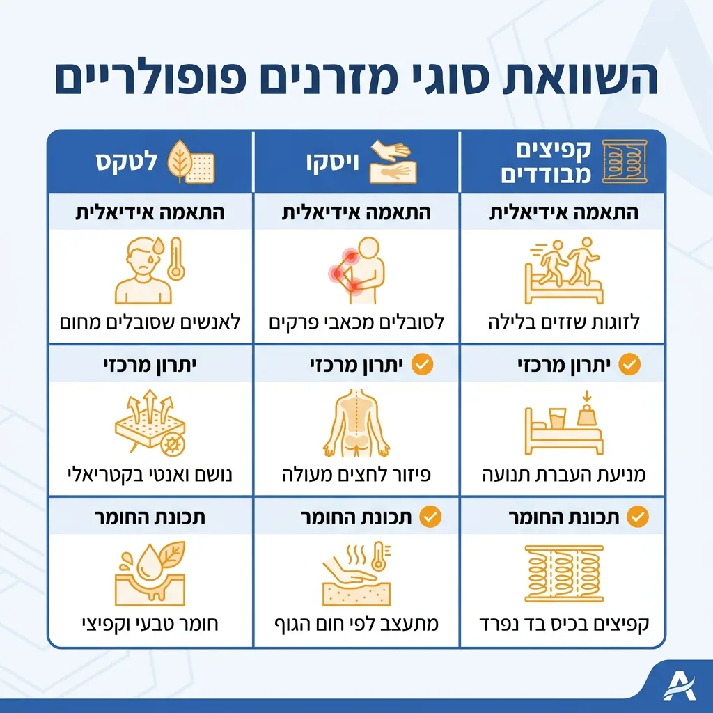 אינפוגרפיקה — השוואת סוגי מזרנים פופולריים: השוואה בין קפיצים מבודדים, ויסקו, לטקס