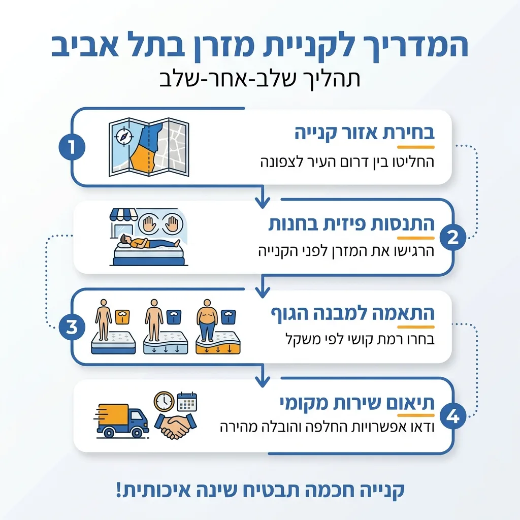 אינפוגרפיקה — המדריך לקניית מזרן בתל אביב: בחירת אזור קנייה, התנסות פיזית בחנות, התאמה למבנה הגוף, תיאום שירות מקומי