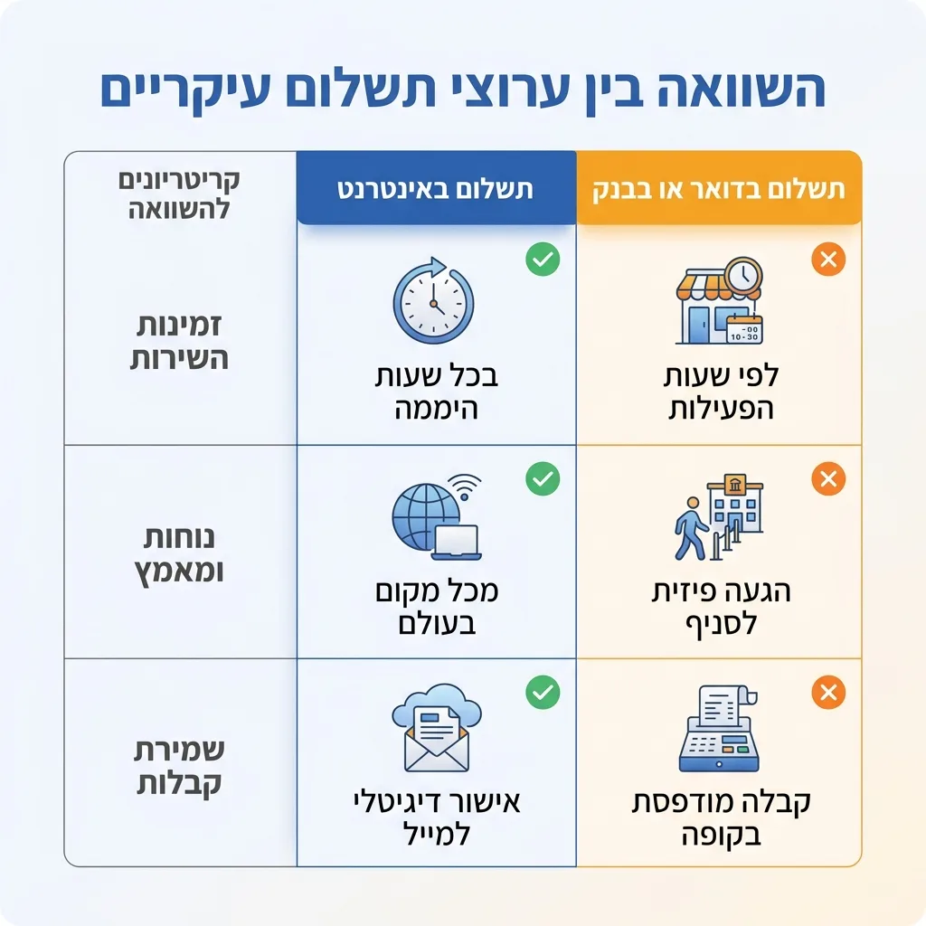 אינפוגרפיקה — השוואה בין ערוצי תשלום עיקריים: השוואה בין תשלום באינטרנט, תשלום בדואר או בבנק