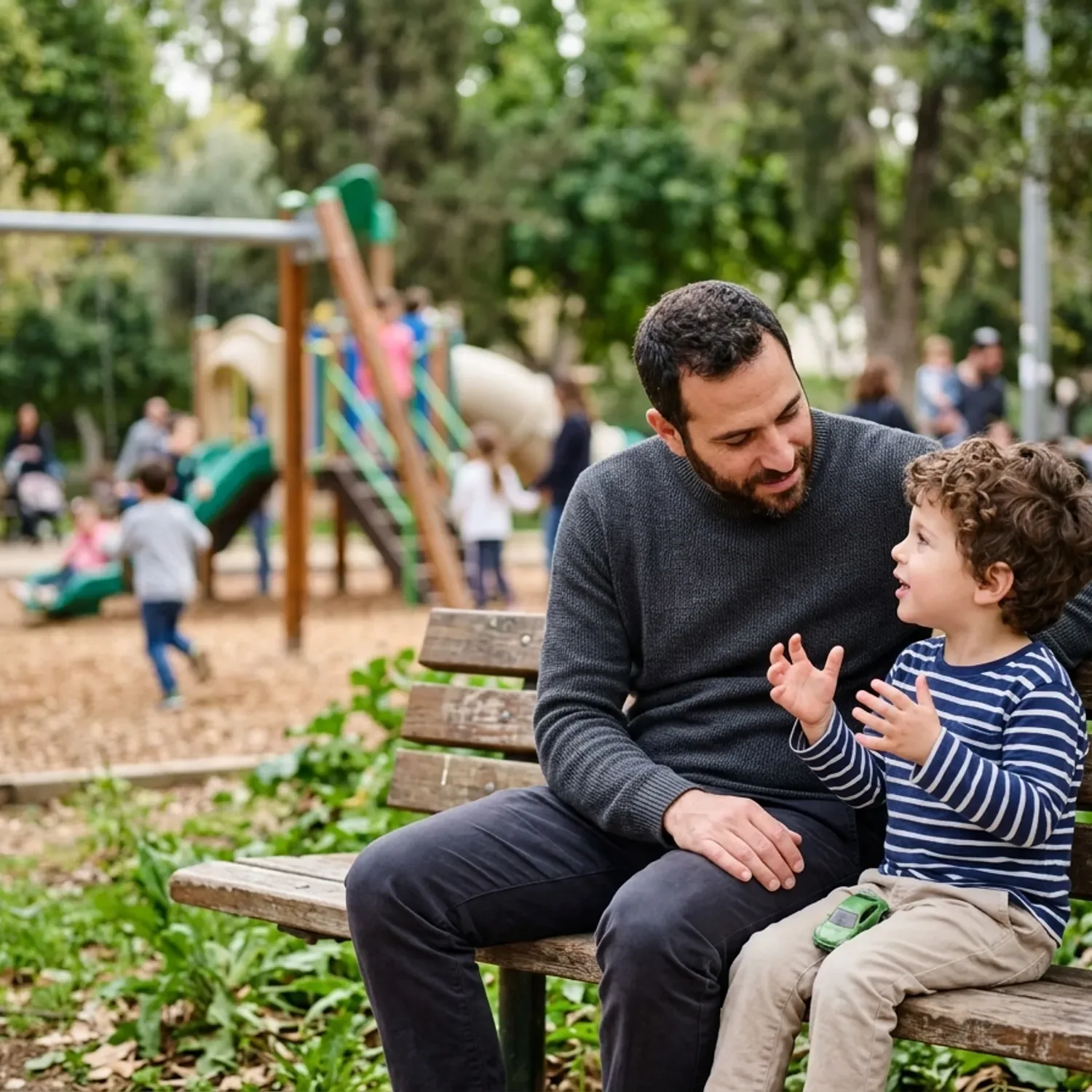צילום ריאליסטי של אב ובן קטן יושבים על ספסל בפארק ציבורי, האב מקשיב לבנו בתשומת לב רבה, ברקע מתקני משחקים