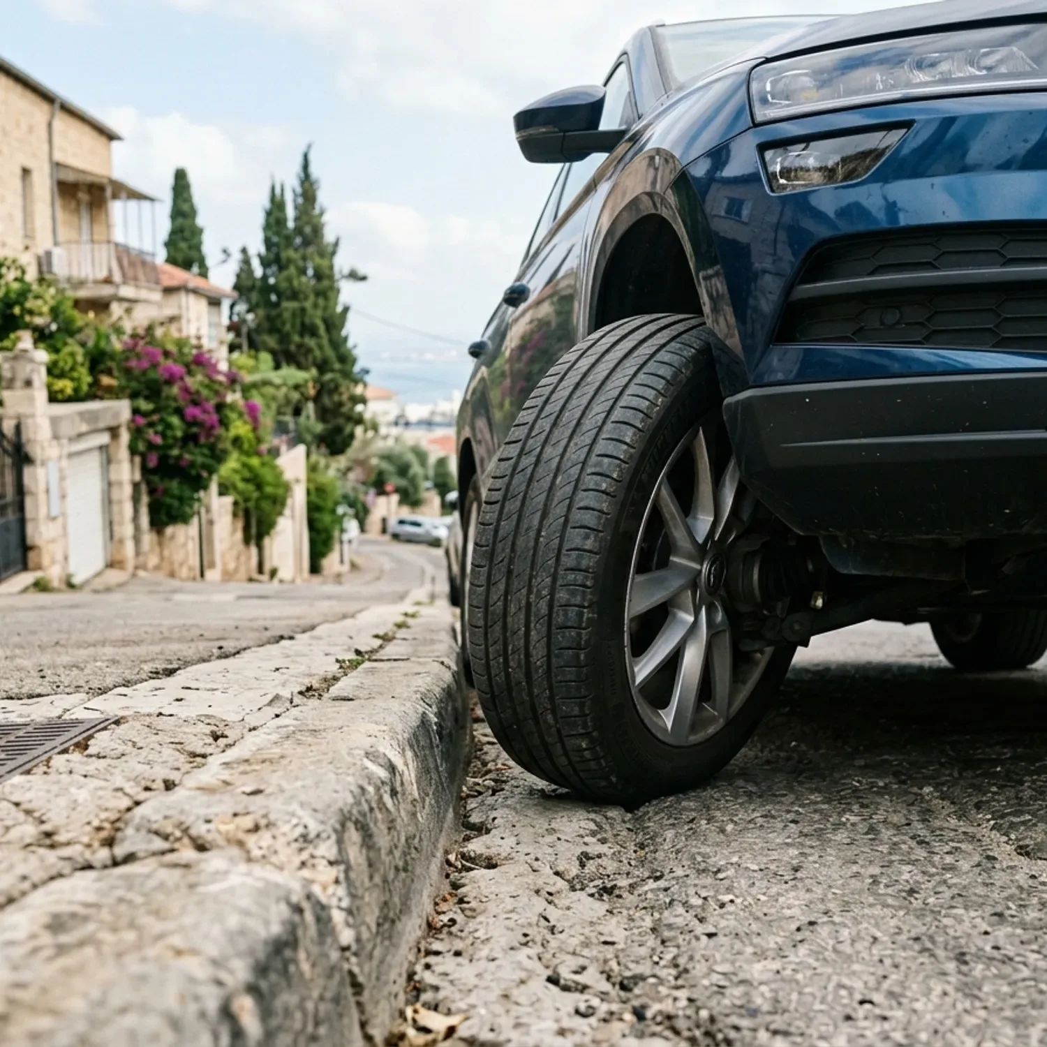 צילום ריאליסטי של רכב חונה בשיפוע תלול ברחוב חיפאי טיפוסי, פוקוס על הגלגל הקדמי שמופנה קרוב מאוד לאבן השפה של המדרכה, תאורת יום טבעית.