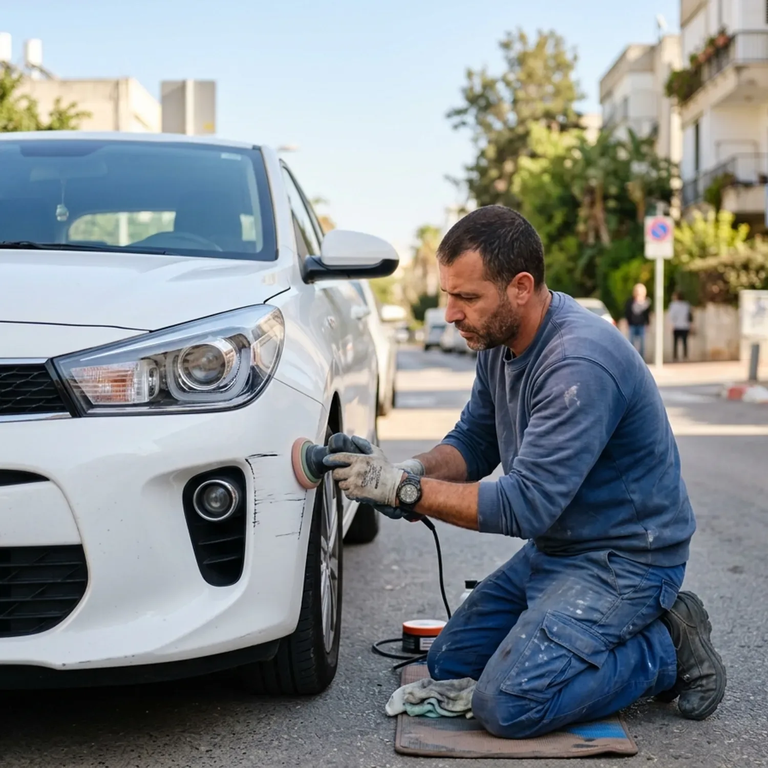 צילום מציאותי של פחח רכב לבוש בבגדי עבודה מתקן שריטה בפגוש קדמי של רכב לבן בחניה רחוב, יום שמשי וברור.