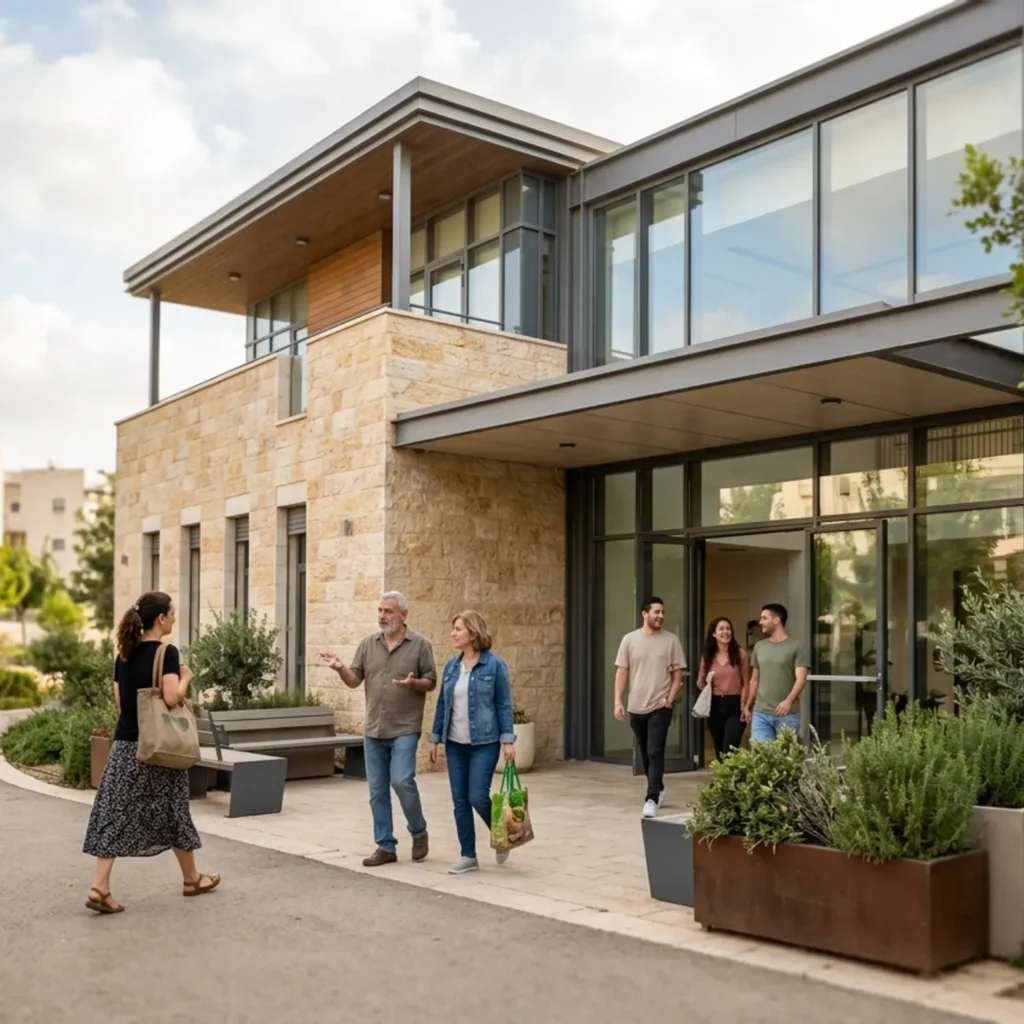 תמונה של מבנה המתנ"ס החדיש מבחוץ עם תושבים הנכנסים אליו