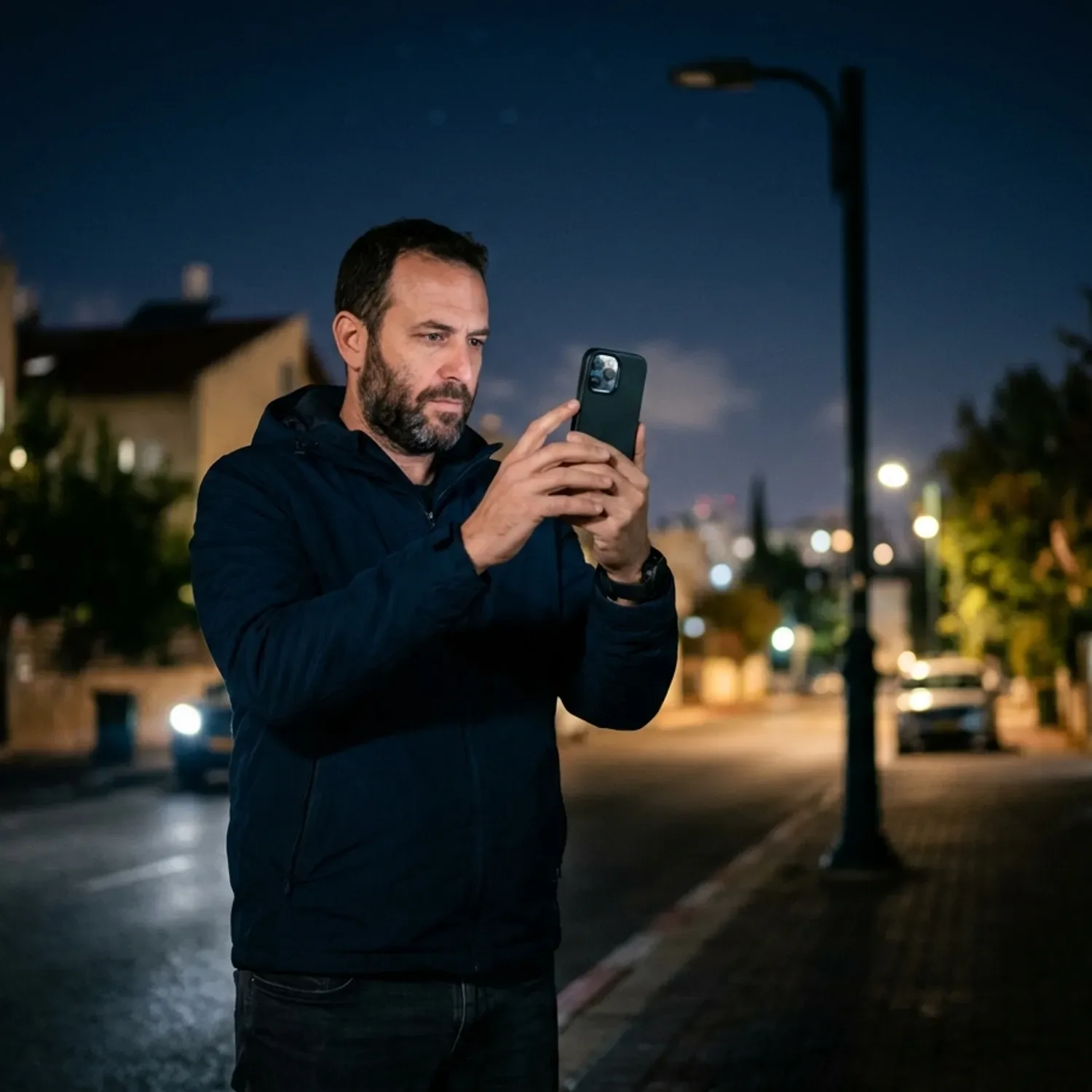 צילום פוטו-ריאליסטי של תושב מחזיק סמארטפון ומצלם פנס רחוב כבוי בשעת לילה, תאורה דרמטית, פוקוס על האדם והמסך