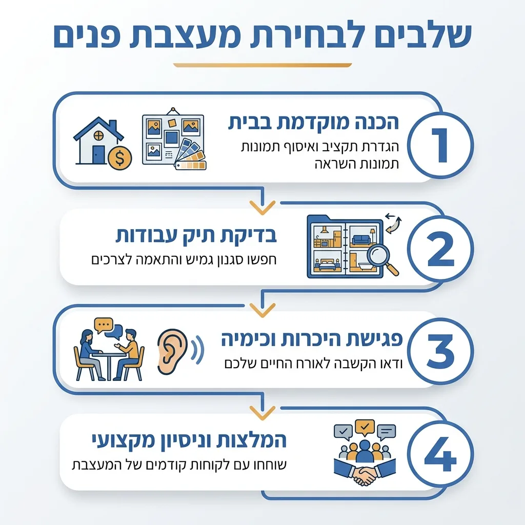 אינפוגרפיקה — שלבים לבחירת מעצבת פנים: הכנה מוקדמת בבית, בדיקת תיק עבודות, פגישת היכרות וכימיה, המלצות וניסיון מקצועי