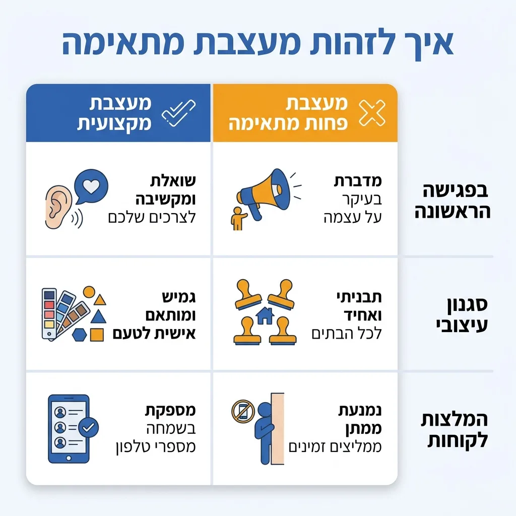 אינפוגרפיקה — איך לזהות מעצבת מתאימה: השוואה בין מעצבת מקצועית, מעצבת פחות מתאימה
