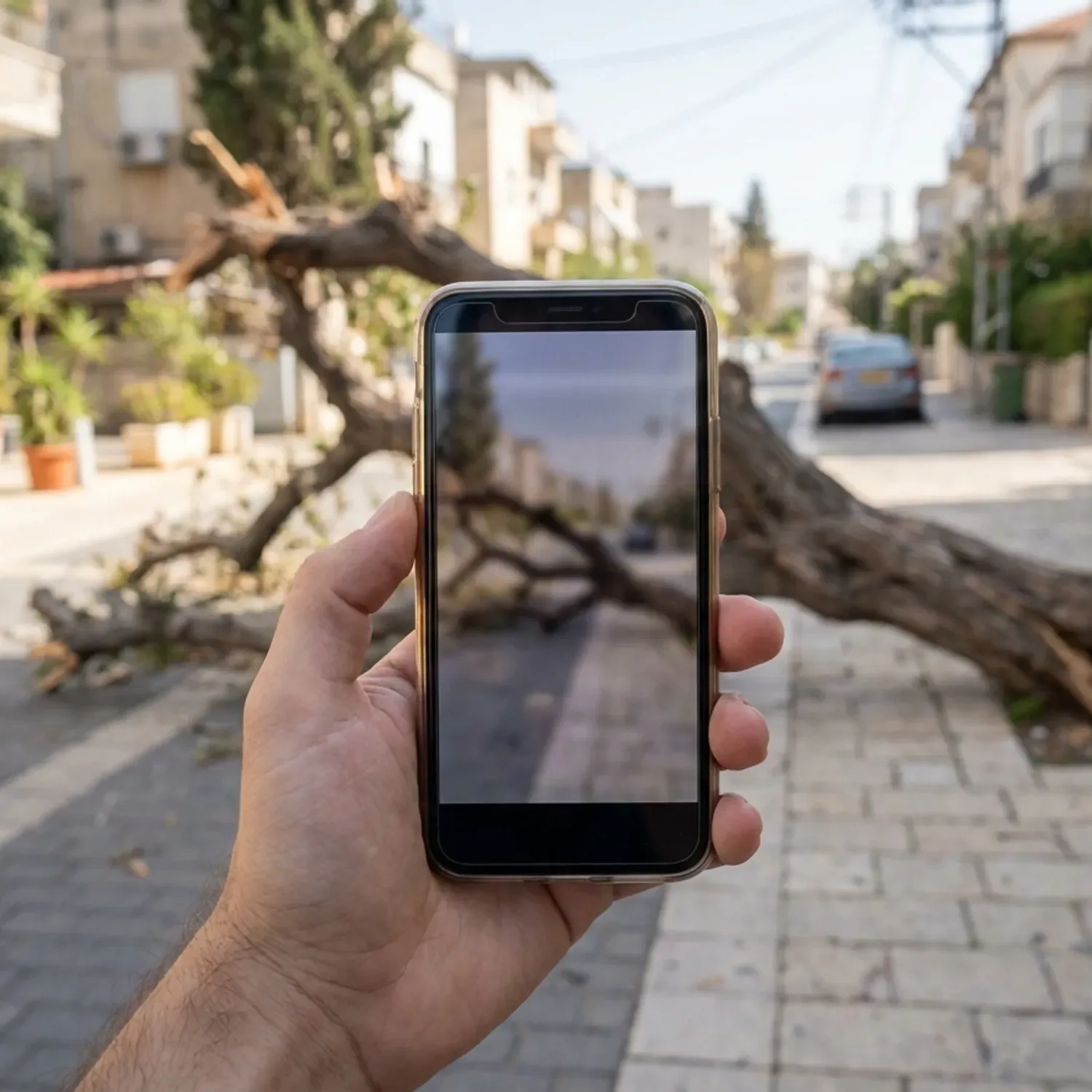 צילום מציאותי באור יום טבעי של יד אוחזת סמארטפון ומצלמת ענף עץ שבור החוסם מדרכה משולבת ברחוב עירוני ישראלי, פוקוס על מסך הטלפון והמפגע ברקע