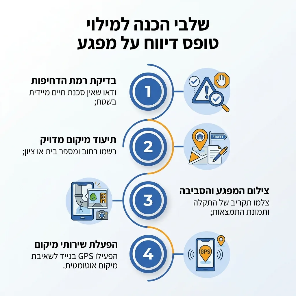 אינפוגרפיקה — שלבי הכנה למילוי טופס דיווח על מפגע: בדיקת רמת הדחיפות, תיעוד מיקום מדויק, צילום המפגע והסביבה, הפעלת שירותי מי