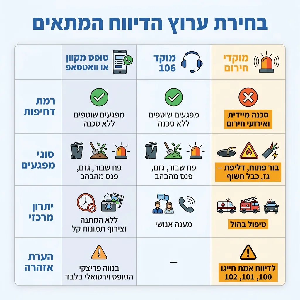 אינפוגרפיקה — בחירת ערוץ הדיווח המתאים: השוואה בין טופס מקוון או וואטסאפ, מוקד 106 ומוקדי חירום