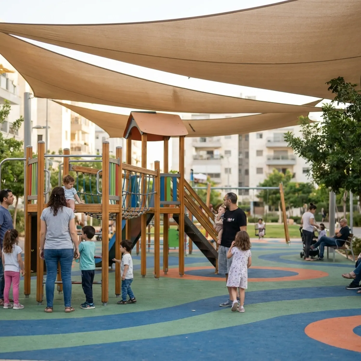 צילום פוטו-ריאליסטי בגובה העיניים של גן שעשועים שכונתי מודרני בישראל בשעות אחר הצהריים, עם מתקני טיפוס צבעוניים תחת רשתות הצללה גדולות, משטח גומי בטיחותי והורים עם ילדים בלבוש יומיומי